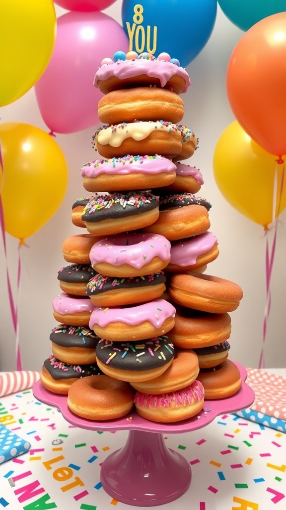 Birthday Donut Tower Recipe A colorful donut tower for a birthday celebration, featuring assorted donuts with sprinkles on a cake stand.